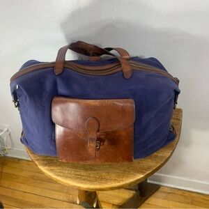Club Monaco large heavy canvas and leather travel duffle weekender backpack bag